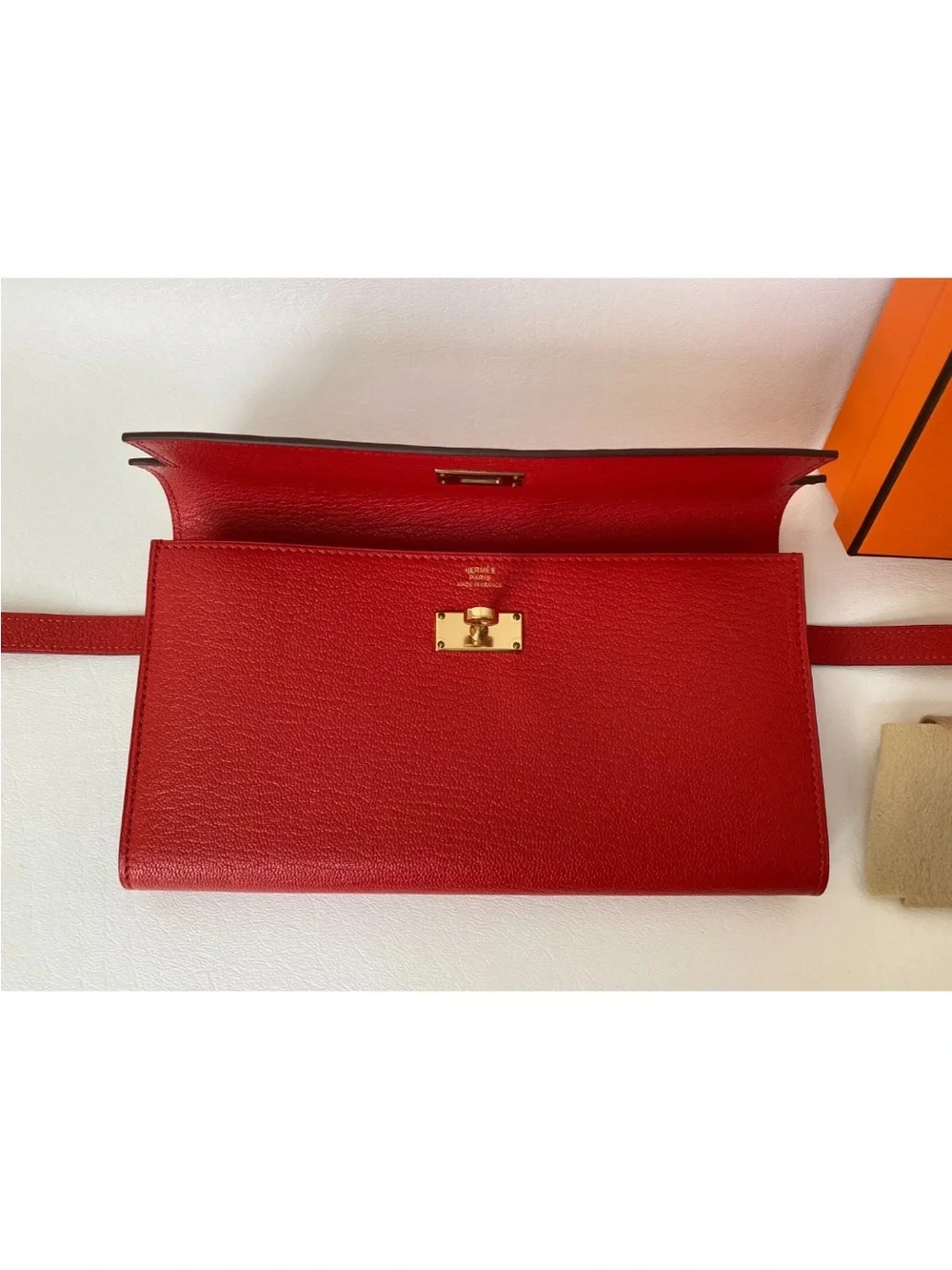 $4.5K Hermès Kelly Long WALLET Rouge Tomato GOLD Hardware Red Leather New